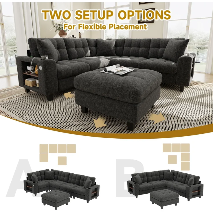 ZUBALIYA Modulare Wohnlandschaft, mit Stauraum, mit USB-C-Anschluss, modular kombinierbar, mit Getränkehaltern, mit Hocker, H 83 × T 216.5 × B 216.5 cm, Grau, Chenille – Bild 8
