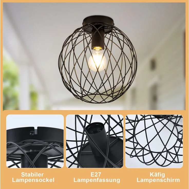 Nettlife Deckenleuchte 1 Flammig Deckenlampe Vintage E27 Schwarz Metall Lampenschirm, ohne Leuchtmittel, für Flur, Korridor, Küche, Wohnzimmer, Esszimmer, Schlafzimmer – Bild 4