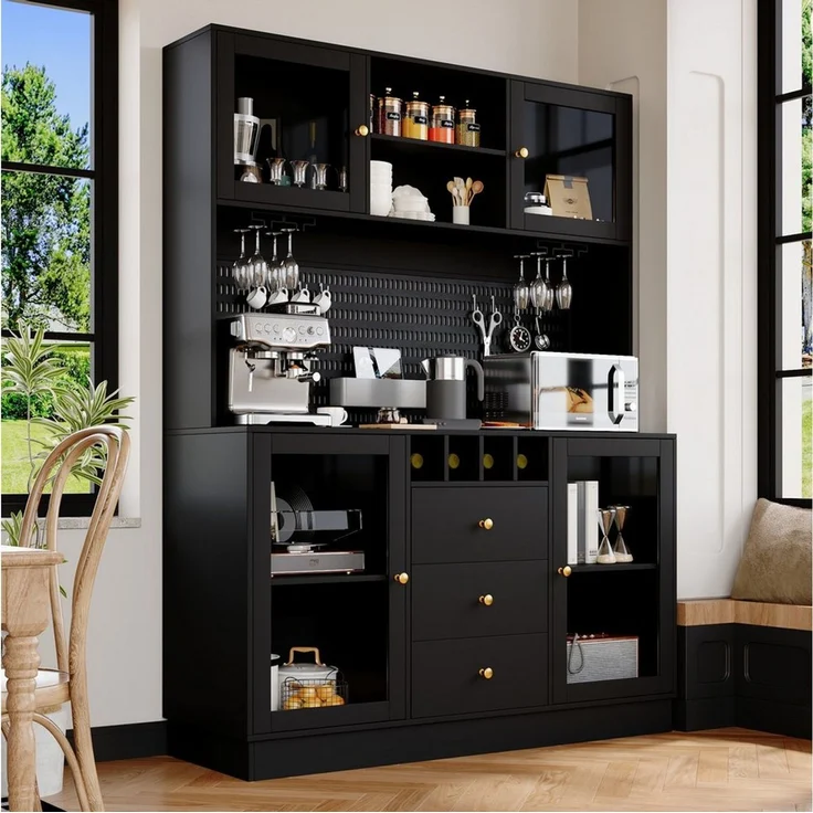 Odikalo Küchenbuffet Küchenschrank Buffetschrank mit LED Beleuchtung & Weinregal (mit Smart LED Beleuchtung, Hochschränke fürs Wohnzimmer,Seitenschrank mit Weinregal und Kippsicherung, Verstellbare Einbauregale) – Bild 5
