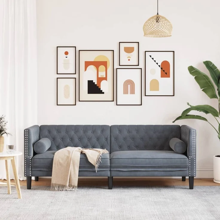 vidaXL Chesterfield-Sofa mit Nackenrollen 3-Sitzer Dunkelgrau Samt 372694 – Bild 2