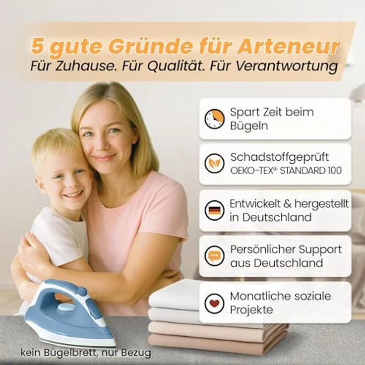 Arteneur Bügelbrettbezug, Made in Germany, OEKOTEX100, Zubehör für alle Bügeltische dank 5 Größen, Vergleichssieger, Hitzereflektierend, Gummizug – Bild 8