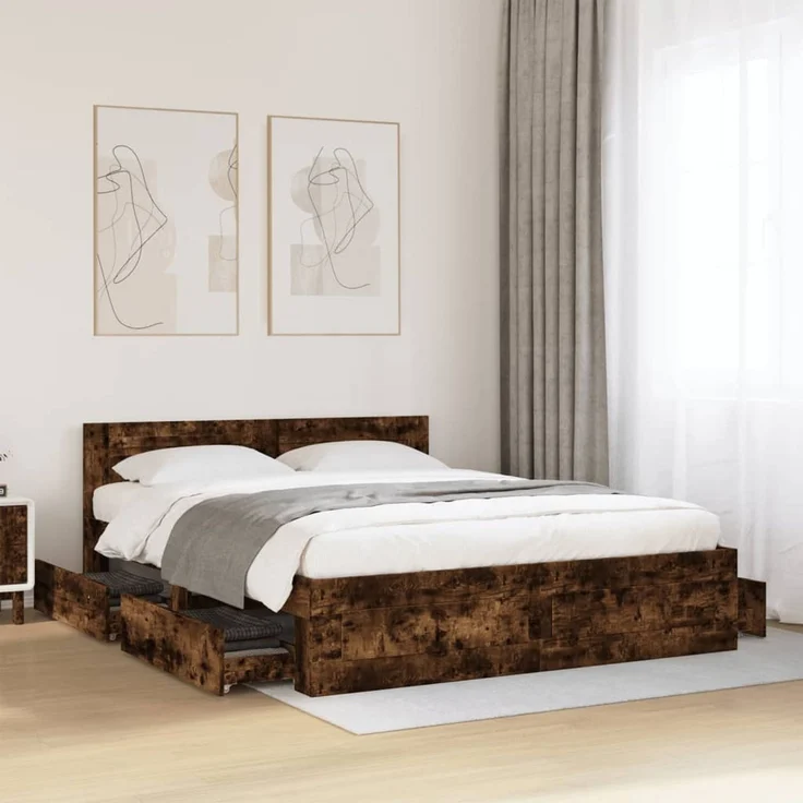 vidaXL Bettgestell mit Kopfteil Räuchereiche 160x200 cm Holzwerkstoff 3295552 – Bild 1