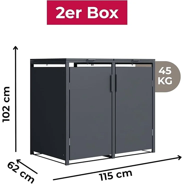 2er Mülltonnenbox für 120 l in Anthrazit - Premium Verkleidung Wetterfest & Korrosionsbeständig - Storage Cabinet Möbelschrank mit Gasdruckdämpfer Soft-Close Deckelseilzug Magnetverschluss – Bild 3
