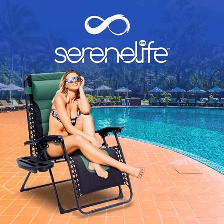 SereneLife Gartenliege, Liegestuhl, Sonnenliege klappbar mit Stufenlos verstellbare Positionen, Kopfstütze & Getränk & Handyhalter, Liegestuhl Garten, Relaxliege aus rostfrei Stahlramen, Grün – Bild 9