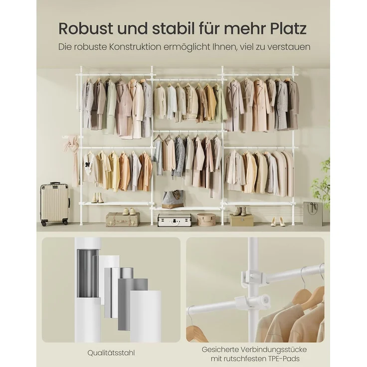Songmics deckenhocher Kleiderständer, höhen- und breitenverstellbar, mit abnehmbaren Ablagen, Stahl / Kunststoff mattweiß, 33,5 x (240-353) x (208-310) cm – Bild 5
