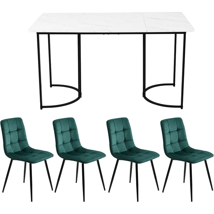 Merax Essgruppe (5-tlg), Esstisch mit 4 Stühlen Set, Moderner Küchentisch Set , 140×80cm Küchentisch mit Schwarz Metallbeinen, MDF Tischplatte in Weißer, Dunkelgrün Samt Esszimmerstühle – Bild 10