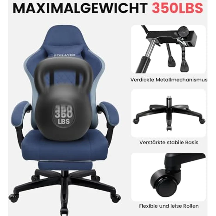 GTPLAYER Gaming Stuhl Stoff, Gaming Sessel mit Taschenfederkissen, ergonomischer Drehstuhl, Gamer Stuhl mit Fußstütze150 kg Belastbarkeit, dunkelblau – Bild 10