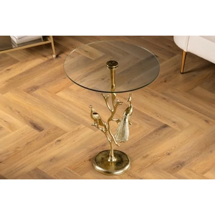 riess-ambiente Beistelltisch WILDLIFE PEACOCK 60cm gold / transparent · Wohnzimmertisch aus Metall (Einzelartikel, 1-St), mit Glas-Tischplatte · rund · handmade · Pfauen-Skulptur · Design – Bild 5