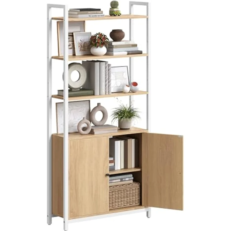 VASAGLE Bücherregal, 6 Ebenen, Regal, Standregal mit Türen, Metallrahmen, verstellbaren Ablagen, 24 x 60 x 159,5 cm, für Wohnzimmer, Schlafzimmer, goldeichenfarbe-mattweiß LLS133YA01 – Bild 2