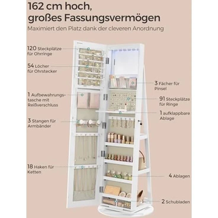 Songmics Schmuckschrank mit rahmenlosem Ganzkörperspiegel, 360° drehbar, abschließbar, Oberfläche weiß | Innenfutter grau, 162 x 54,5 x 54,5 cm – Bild 4