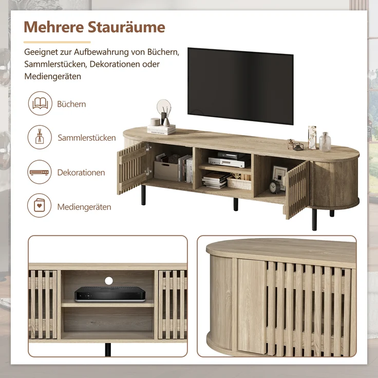 TV-Schrank Lowboard aus MDF mit durchbrochenem Holzdesign & 5 Beinen, für bis zu 65 Zoll, 160x40x47 cm, Naturholz – Bild 6