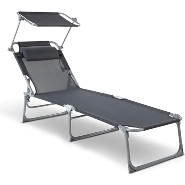 BigDean Sonnenliege klappbar mit Kopfkissen & Dach extra hoch dunkelgrau 150 kg belastbar - hochwertige Gartenliege für Balkon, Garten & Strand – Bild 9