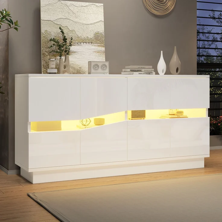 Sideboard 140 x 35 x 70 cm aus Spanplatte und Acryl, weiß mit Hochglanzfront und LED-Beleuchtung – Bild 2