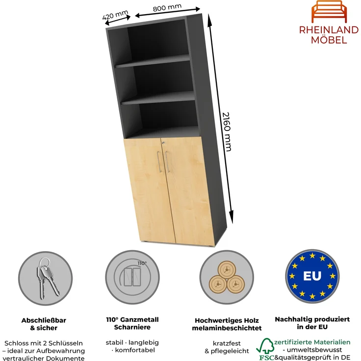 Rheinland Möbel Flügeltürenschrank Cabino 80×42×216 cm – abschließbarer Aktenschrank 3OH mit Regalaufsatz 3OH in Graphit/Ahorn mit 110° Drehtüren & Metallgriff – Bild 2