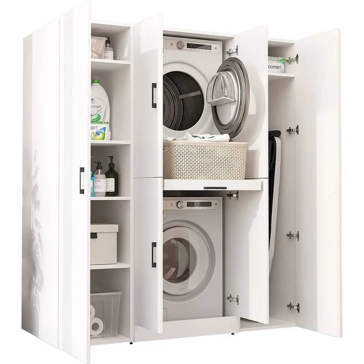 Roomart Waschmaschinenschrank - DORA-I- 160 cm breit - Wasch- & Trocknerschrank mit 2 Hochschränken, Türen & Ausziehbrett, Waschmaschinen-Überbau für Waschküche & Hauswirtschaftsraum • Weiß – Bild 8