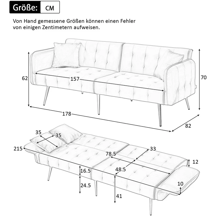 Sofabett 2-in-1 Samt,Zweisitzer mit verstellbarer Rückenlehne & Armlehnen, zum Gästebet,Gelb – Bild 10