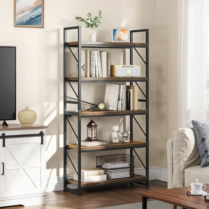 YITAHOME Bücherregal mit 5 Ebenen, Großes Standregal, Holzregal und Metallrahmen, Industrieregal, Bodenstehendes Lagerregal, für Wohnzimmer, Home Office, Vintagebraun Regal – Bild 4
