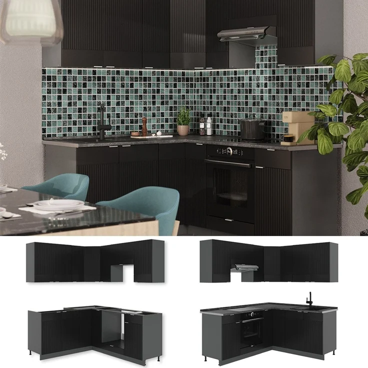 Winkelküche Fame-Line Schwarz gestreift/Anthrazit 190 x 160 cm ohne Arbeitsplatte Vicco – Bild 2