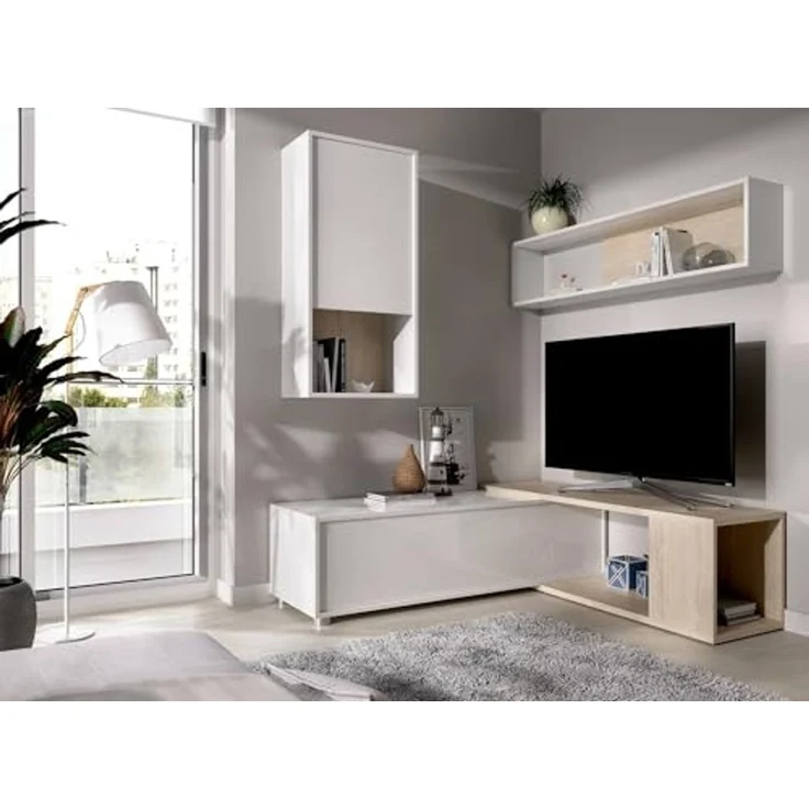 Dmora - Wohnwand Denali, modulares Eck-Wohnzimmerset, Multipositions-Wohnzimmermöbel, 230 x 41 x 180 cm, Weiß und Eiche – Bild 6