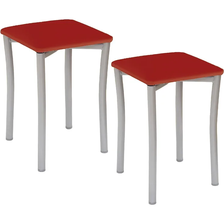 ASTIMESA Zwei Küchenhocker mit runden Beinen und rotem Kunstlederbezug.