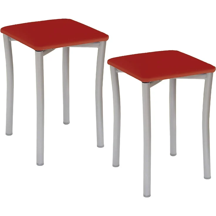 ASTIMESA Zwei Küchenhocker mit runden Beinen und rotem Kunstlederbezug.