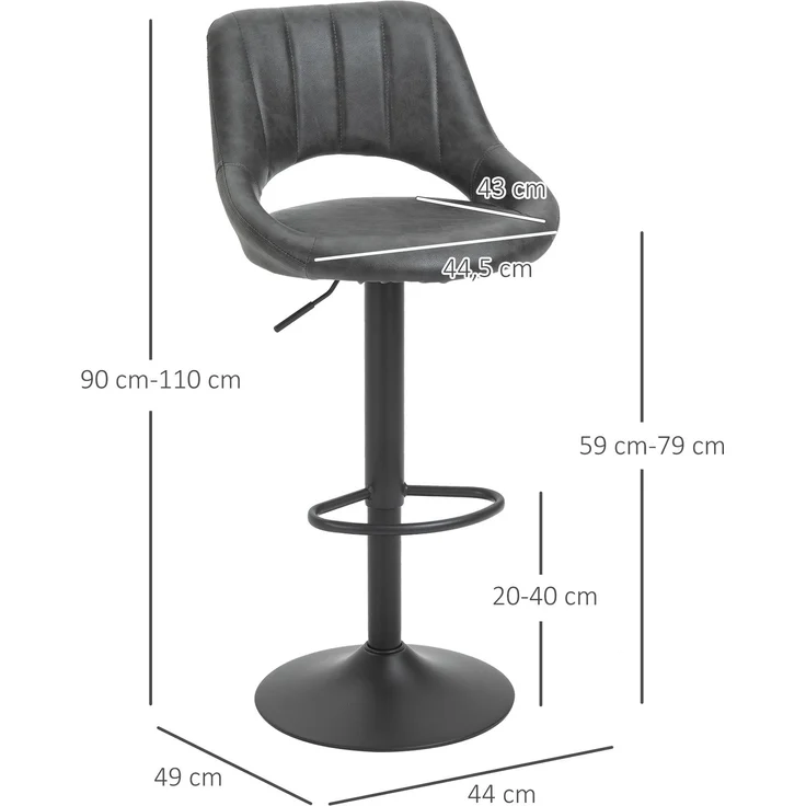 Barhocker-Set 2 drehbare Küchenhocker höhenverstellbar mit Fußstütze in Lederoptik und Metallrahmen 44 x 49 x 90-110 cm Grau--Grau--44x49x110cm--YOUDENOVA – Bild 3