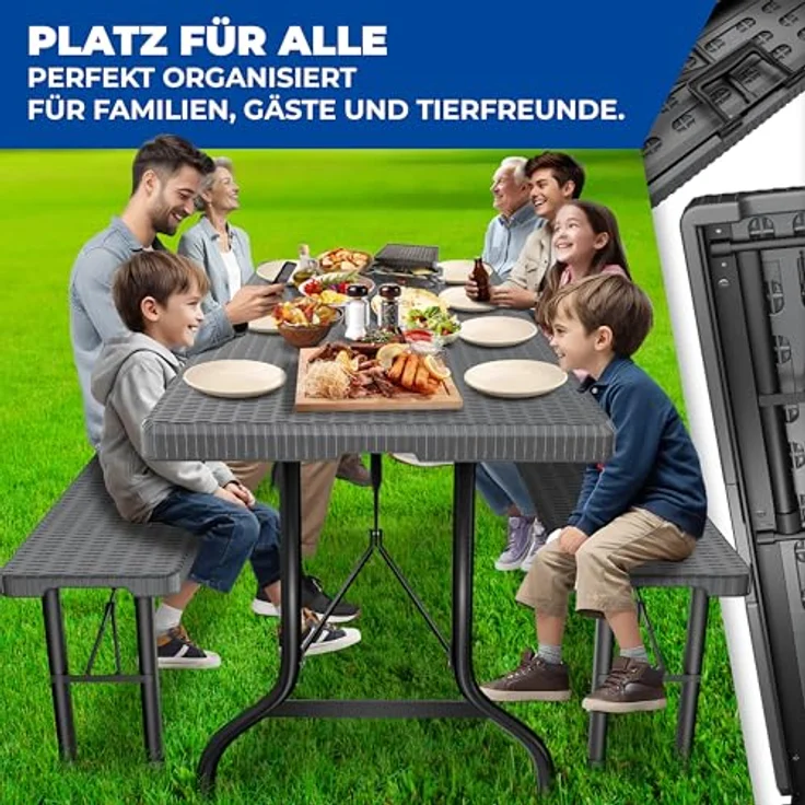 KESSER® Bierzeltgarnitur 3-teilig Set Tisch & 2x Bank | Buffettisch für drinnen & draußen Gartengarnitur klappbar 183x76x74cm Kunststoff Klapptisch Gartentisch inkl. Abdeckung & Tragegriffe Anthrazit, Rattan – Bild 10
