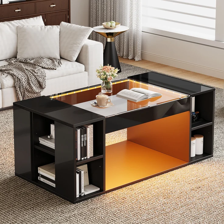 Couchtisch, ausgehöhlter Tisch mit gehärteter Glasplatte, 100x50x40 cm, schwarz, mit LED-Beleuchtung – Bild 1