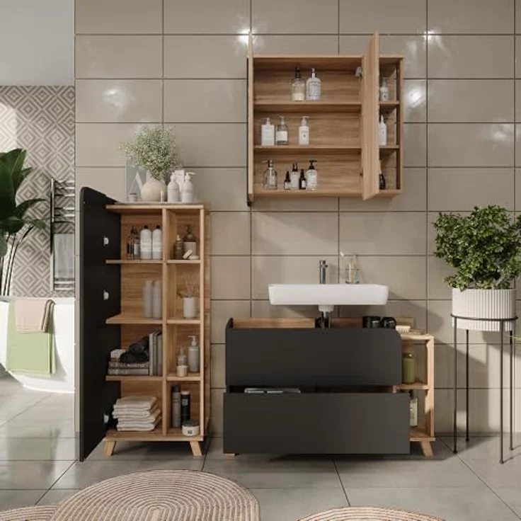 Vichy Badmöbelset Karen, 3-teiliges Möbelset in Sonoma/Anthrazit mit Waschbeckenunterschrank und Spiegelschrank, moderner Design und geräumiger Stauraum – Bild 7