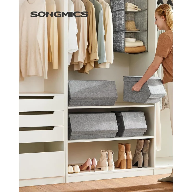 SONGMICS Aufbewahrungsbox mit Deckel, 4er Set Kleiderschrank-Organizer, stapelbar, Faltbox mit Magnetverschluss, Stoffboxen Aufbewahrung, grau – Bild 2