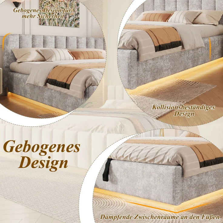 Polsterbett, Doppelbett, 180 x 200 cm, Bett mit Lattenrost, Kopfteil,Gepolstertes Kopfteil,Hydraulische Lagerung, Mit LED-Lichtleiste, Ohne Matratze, Hellgrau Chenille – Bild 8