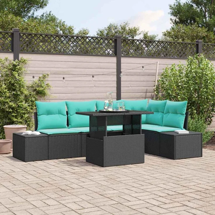 vidaXL Gartensofa-set 6 stk. 5-Sitzer Schwarz und Blau Poly-Rattan 3349192 – Bild 1