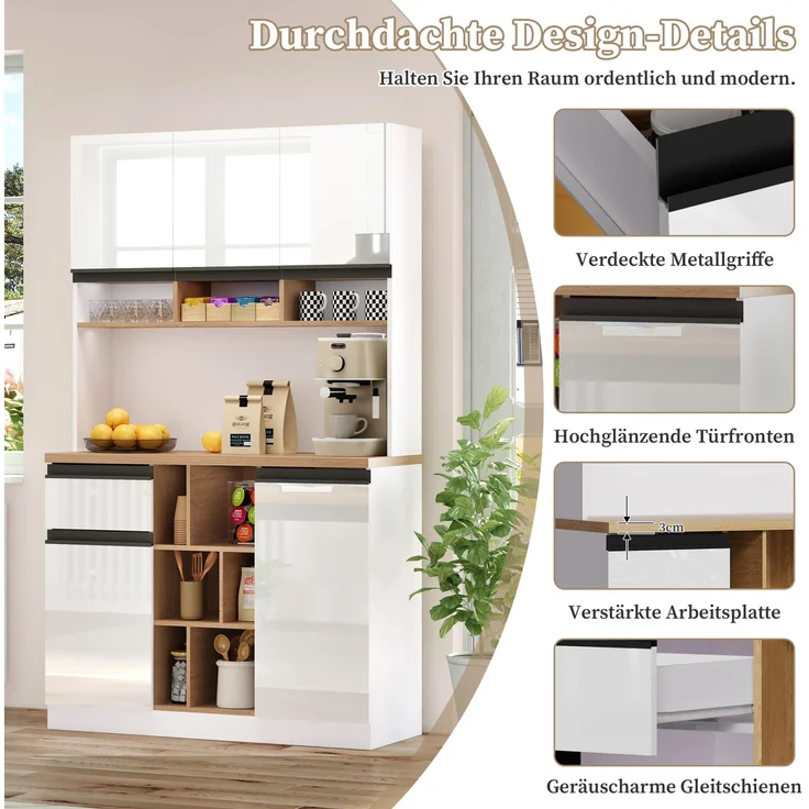 EINHOM 105 x 45 x 185 cm, Weißer moderner Küchenschrank, Buffet, Sideboard, Hochglanztüren, Metallgriffe, Verstellbare Regale, Schubladen, Offener Stauraum, Kippschutz, Geeignet für Küche, Esszimmer und Wohnzimmer – Bild 7