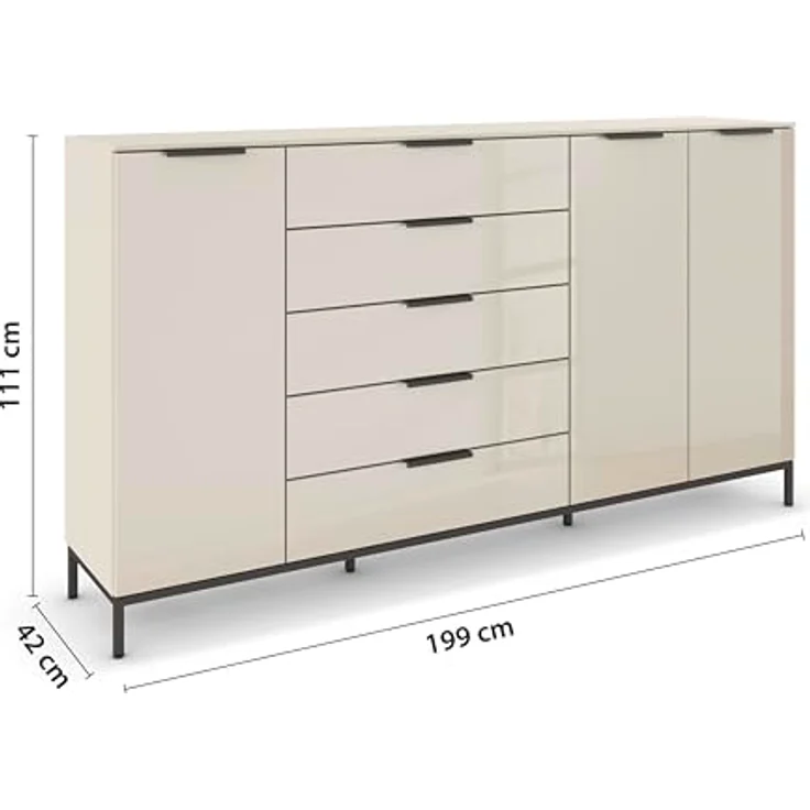 Rauch Möbel Flipp, Nachttisch für Schlafzimmer, Flur, Garderobe, 3-türig, 5 Schubladen, mit Softclose-Funktion, Griffe und Metallkufe Graphit, Farbe Glas Beige, Breite 199 cm – Bild 4