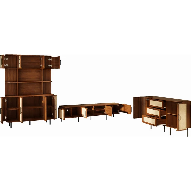 Esszimmer Möbel Set mit TV Lowboard, Sideboard und Hochschrank, MDF Korpus, Geflechtfront, schwarze Griffe und Metallfüße – modernes Wohnzimmer Set--Nussbaum--120x20x180cm--YOUDENOVA – Bild 8