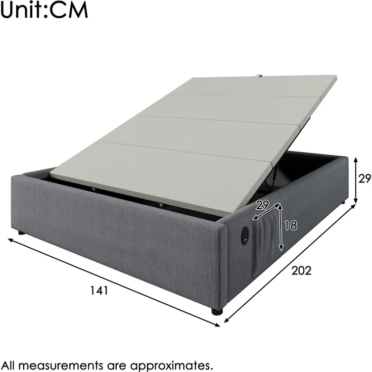 Bettgestell, Baumwoll-Leinen mit Stauraum & USB-Anschluss, 140x200 cm, Grau, ohne Matratze – Bild 10