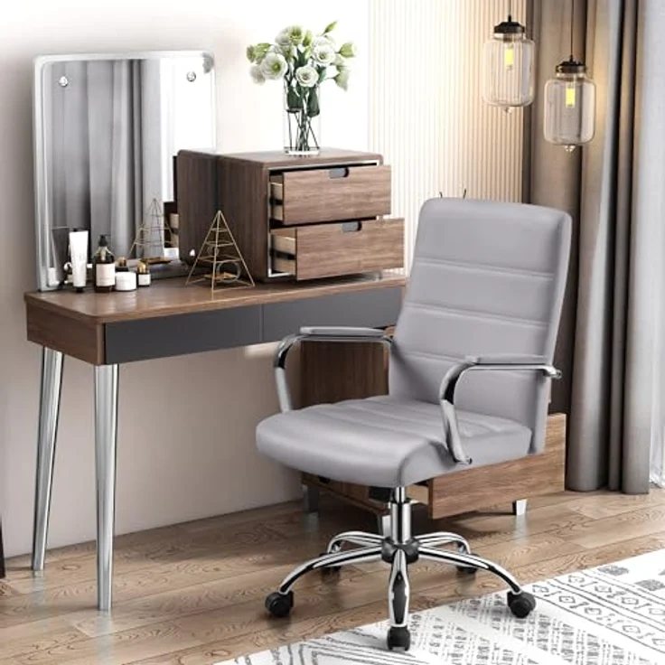 Yaheetech Schreitischstuhl ergonomisch Bürostuhl mit Armlehnen Home-Office Stuhl Drehstuhl mit Rollen Arbeitsstuhl mit Rückenlehne für Büro/Arbeitszimmer Hellgrau – Bild 3