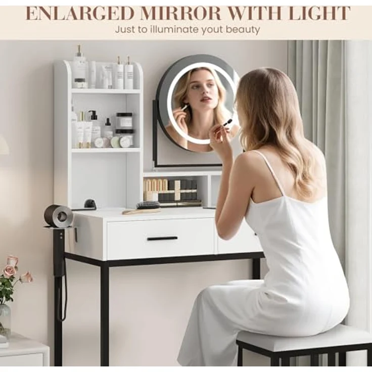 GarveeLife Schminktisch mit LED-Spiegel und Hocker, 5 Fächer, Schminktisch mit Ladestation und Lagerspeichen (2 Schubladen – runder LED-Spiegel, schwarz) – Bild 5