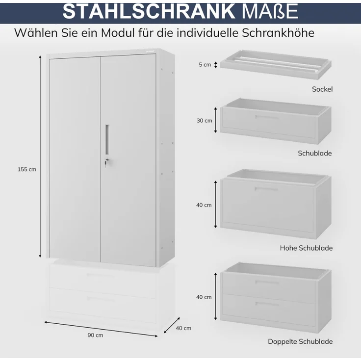 Metallschrank mit Einzel-Schublade RUEL - 195x90x40cm Grau | Büroschrank Aktenschrank Stahlschrank Fachbodenschrank Werkstattschrank – Bild 2