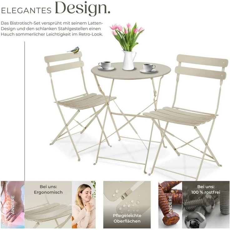 tectake Essgruppe Bistrotisch Set für 2 Personen, Belastbarkeit Stuhl 120 kg, (Bistrotisch Frieda, 3-tlg, in creme), klappbar, widerstandsfähig, UV-beständig – Bild 3