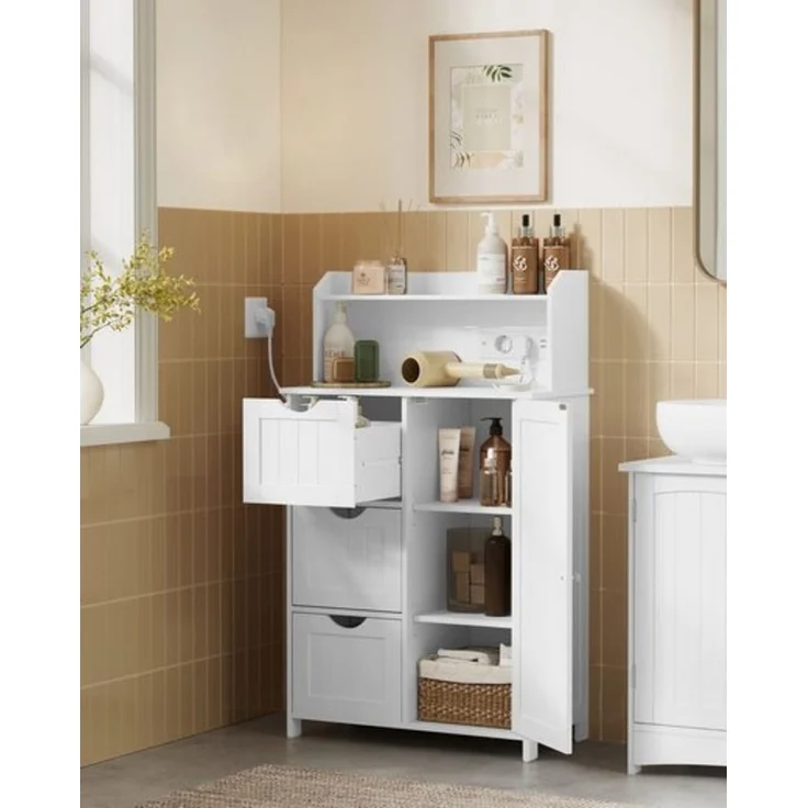 VASAGLE Badezimmerschrank, Badschrank, stehend, mit Tür, Steckdosenleiste, Schubladen, Schrank für Toilettenpapier, Toilettenschrank, verstellbare Ablagen, 30 x 60 x 100 cm, wolkenweiß BBC775W03 – Bild 1