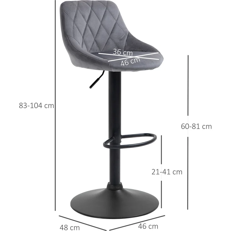 2er-Set Barhocker, höhenverstellbare Barstuhl mit Lehne, Samtoptik, Metallgestell, Fußstütze, drehbare, Dunkelgrau--Dunkelgrau--104x46x48cm--YOUDENOVA – Bild 5