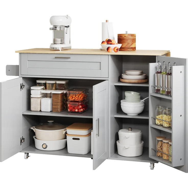 Küchenwagen mit klappbarer Platte 132,5 x 44/70 x 90 cm, MDF in Eiche-Optik/Grau, mit Schublade – Bild 5