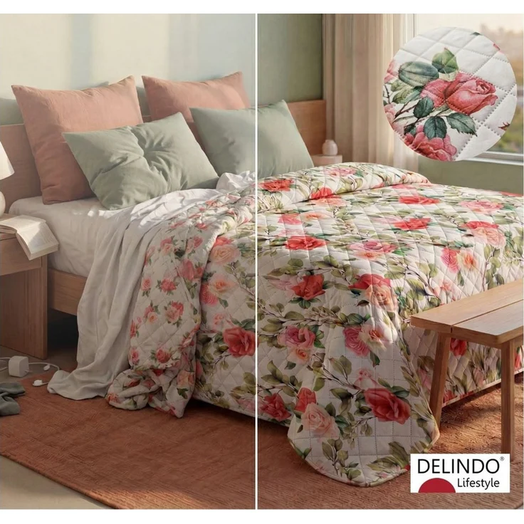 Delindo Lifestyle Tagesdecke Rosenmuster, Bettüberwurf 140x210 oder 220x240 oder 240x260, Digitaldruck, Florales Rosenmuster, Gesteppt, Leicht, Wendbar – Bild 3