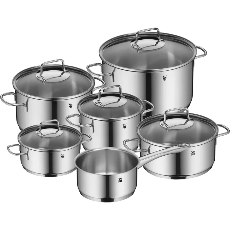 WMF Topf-Set Astoria, Cromargan® Edelstahl Rostfrei 18/10 (Set, 11-tlg, 2x Bratentopf mit Deckel, 3x Kochtopf mit Deckel, 1x Stielkasserolle), 11-teilig, hochglanzpoliert, mit Schüttrand, TransTherm-Allherdboden