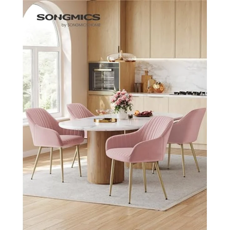SONGMICS Esszimmerstuhl, 4er Set, Küchenstuhl, Sessel, Samt, Polsterstuhl mit Armlehnen, Loungesessel, bis 120 kg belastbar, Metallbeine, für Esszimmer, Küche, pastellrosa-blassgold LDC087R14 – Bild 3