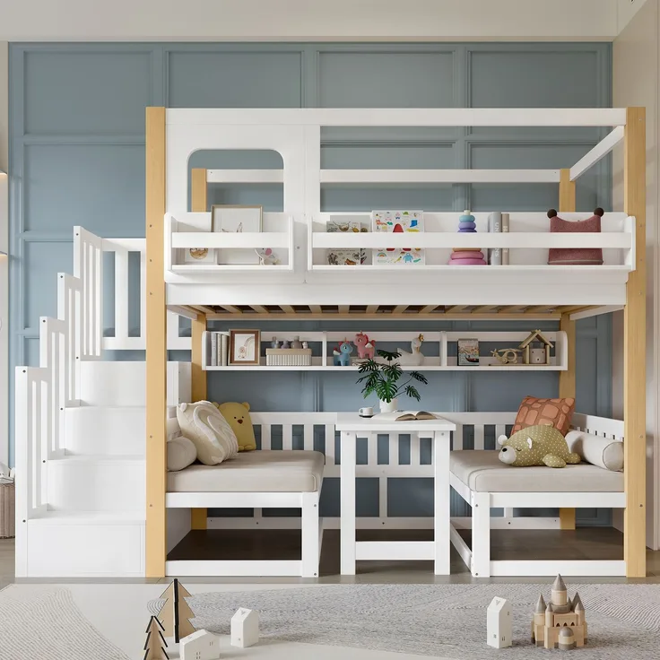Merax Etagenbett, 90x200cm Kinderbett, Multifunktionaler höhenverstellbarer Tisch, mit einem kleinen Bücherregal am Bettrand, Stabile Aufbewahrungstreppe, Weiß+Natur