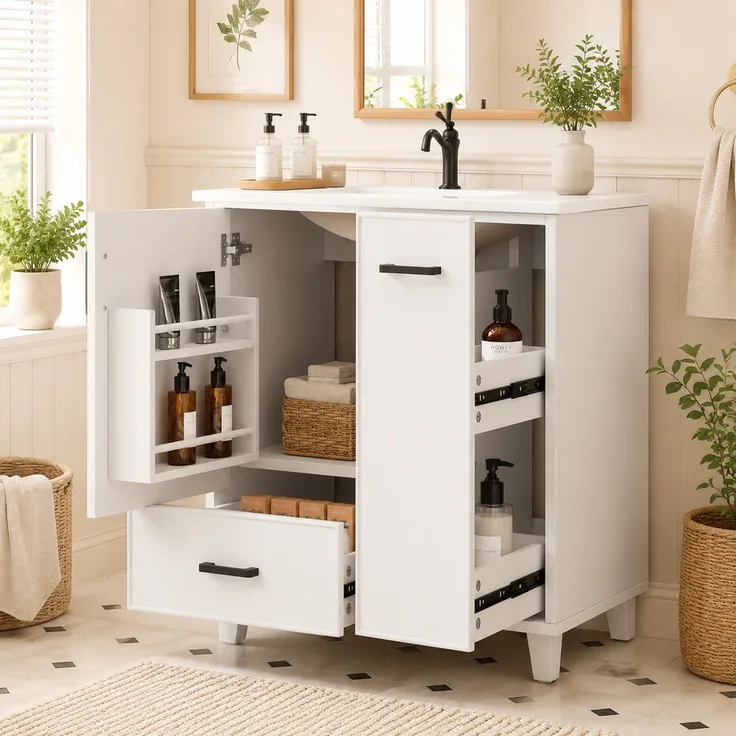 76,5 x 47 x 82 cm, bodenstehender Waschtischunterschrank, lackierte Oberfläche, seitlicher Auszug mit zwei Ebenen, integriertes Keramikwaschbecken, Ablagefach an der Türinnenseite, Weiß.