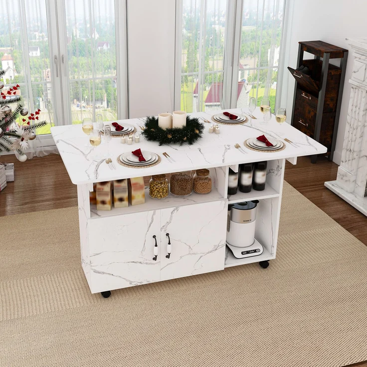 Flieks Mobile Kücheninsel 110x70x80 cm, klappbarer Küchentisch mit Rollen, Ablageböden & Stauraum, Esstisch und Sideboard, Weißes Marmormuster – Bild 3