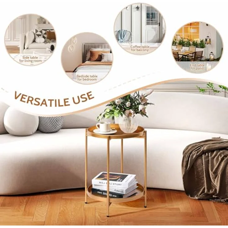 HollyHOME Beistelltisch Gold Rund Metall Balkontisch Klein Couchtisch Nachttisch Sofatisch 2 Ebenen Beistelltisch für Wohnzimmer Schlafzimmer Terrasse Outdoor – Bild 8